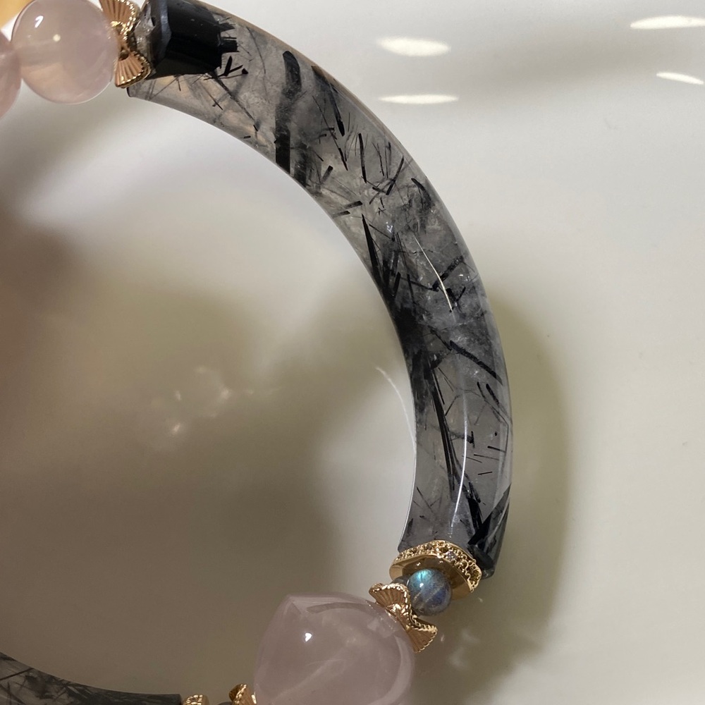 Black Tourmaline & Rose Quartz Heart Bangle Bracelet • Gold Accents • Protective - Picture 4 of 9